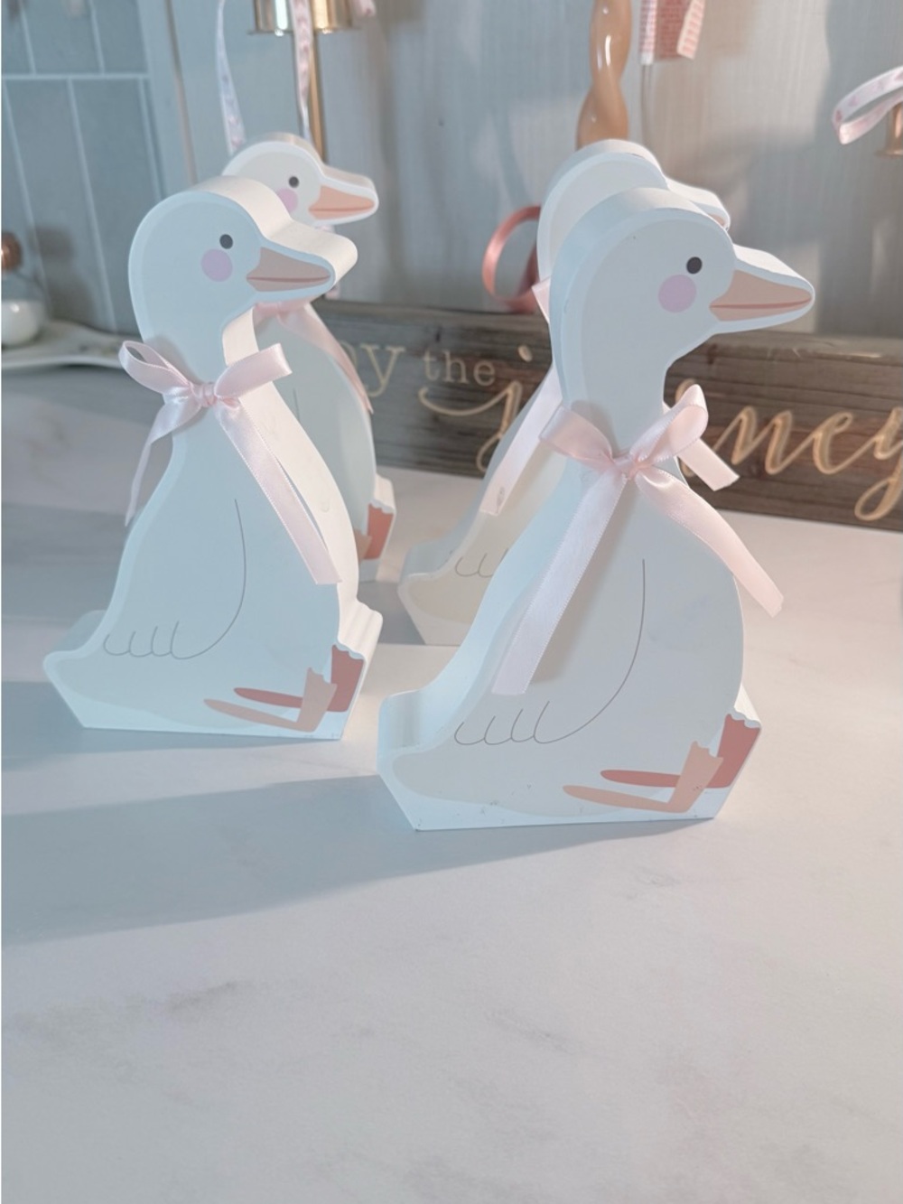 4 Set of White Duck Figurines with Pink Ribbon Bows